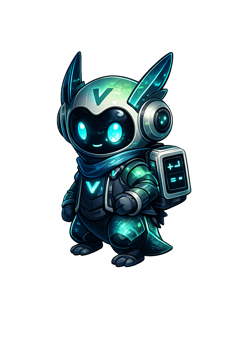 Veckl, a small cyan-lit robotic Gitstronaut in a mission suit